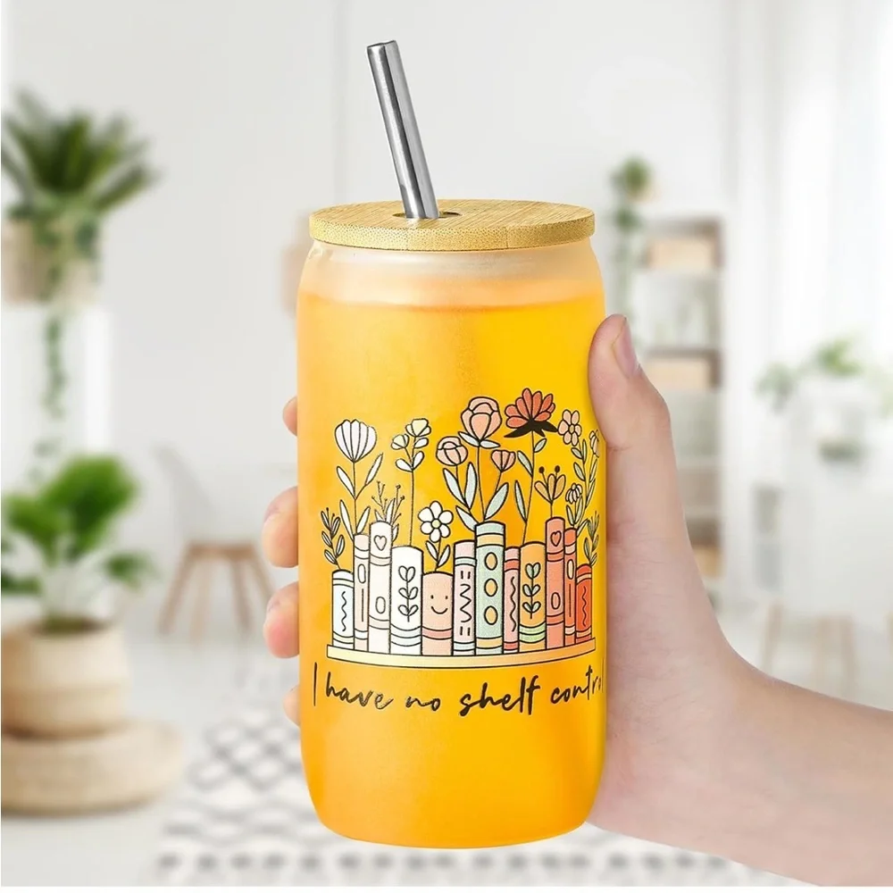 Book Lovers Gifts, 16 oz Glass Cups with Lid and Straw - NEW IN BOX.